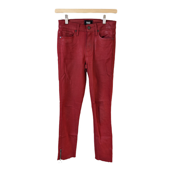 Paige Womens Sz 25 Hoxton Ankle Peg Jeans Red Ankle Zip Raw Hem Pockets Stretch - Picture 1 of 9